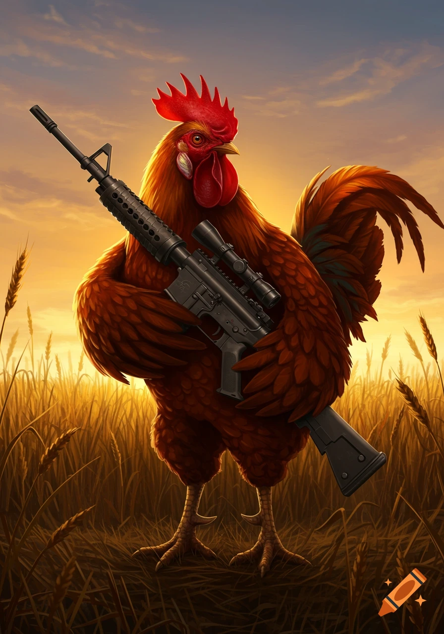 A proud, stylized rooster holds an AR-15 rifle under its wing in a golden field at sunset.