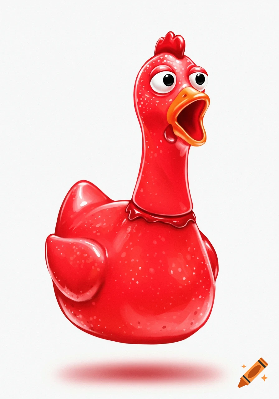 A glossy red cartoon rubber chicken with wide eyes and an open mouth, appearing to float with a shadow below.