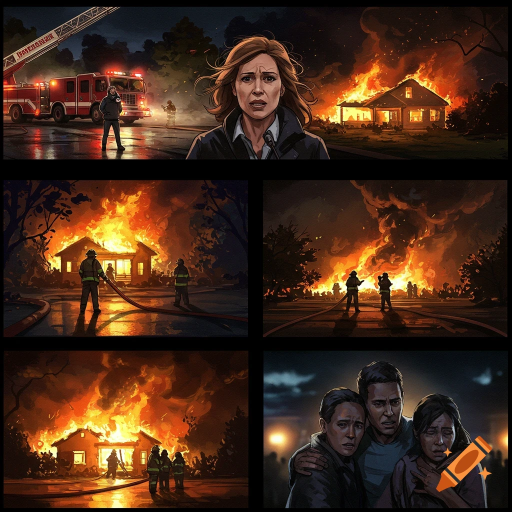 A multi-panel storyboard shows a news reporter, firefighters, and distressed people reacting to a house fire at night, in an illustrative style.