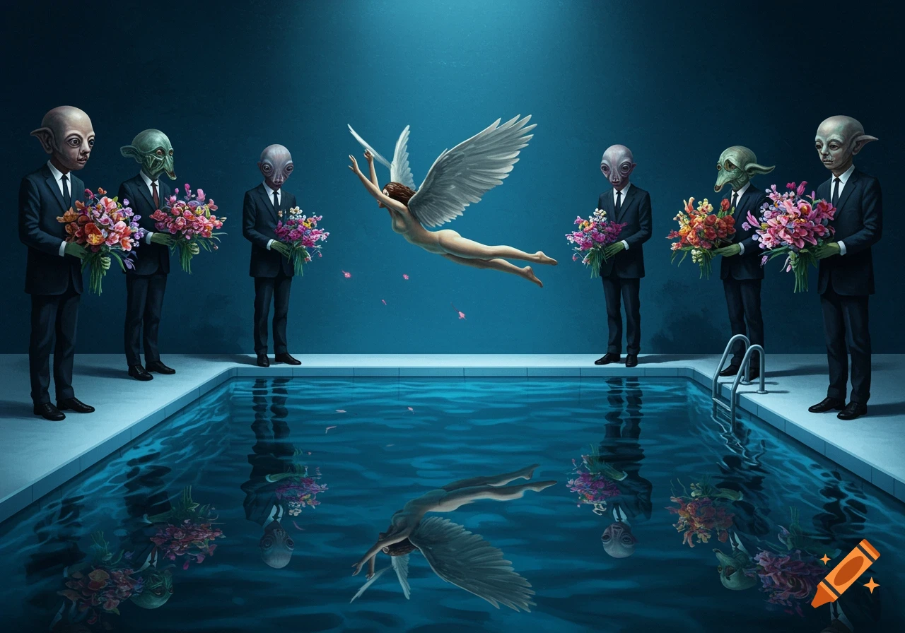 Surreal painting of a winged woman diving into a pool, observed by suit-wearing creatures holding flowers.