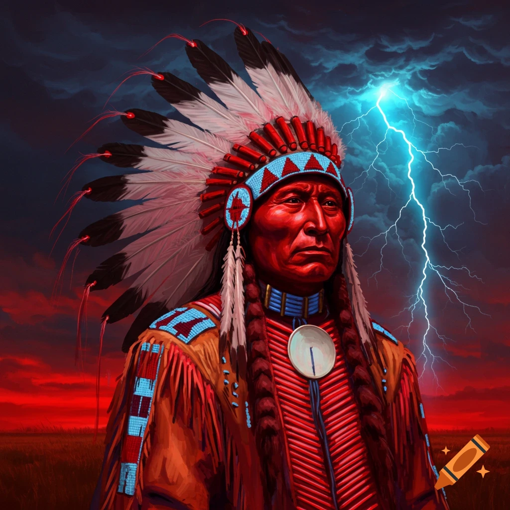Vibrant portrait of a Native American chief in a feathered headdress against a stormy sky with lightning.