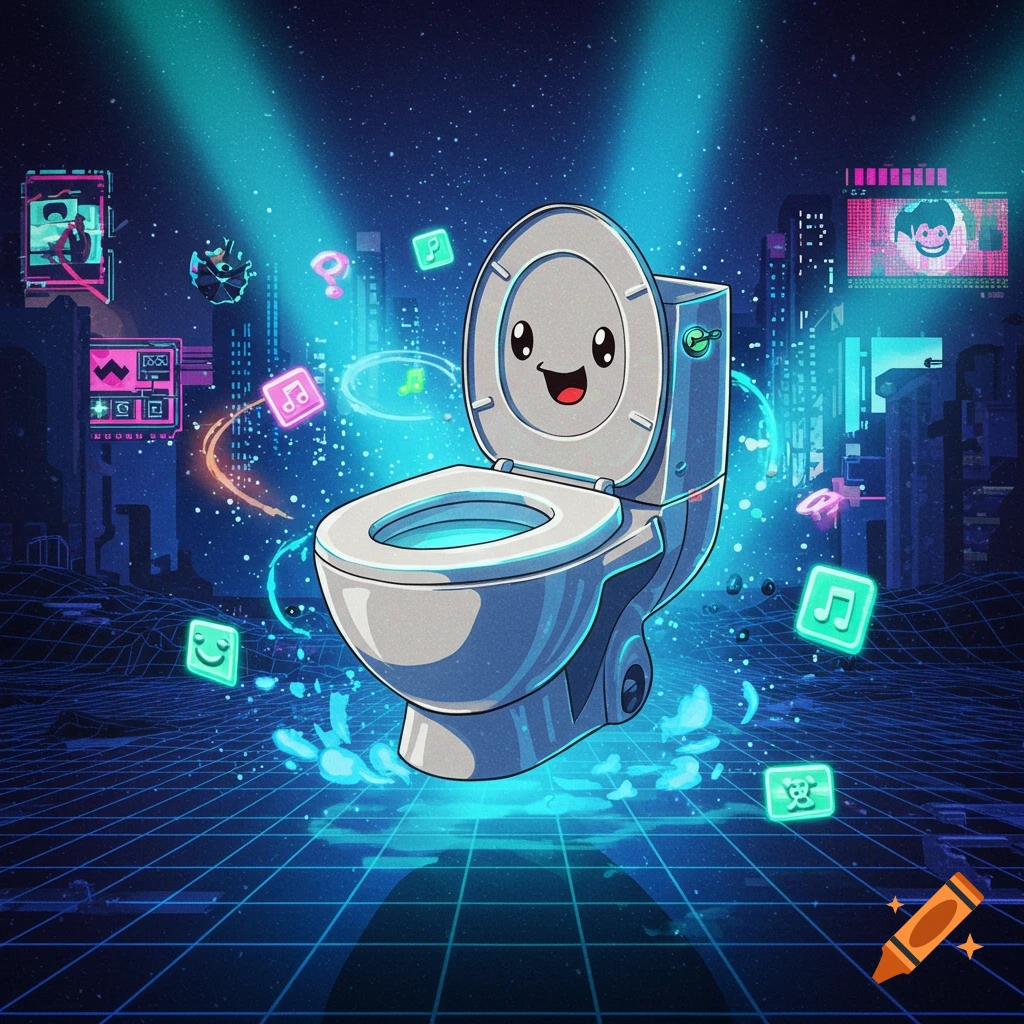 A cartoon toilet with a happy face in a futuristic city with neon lights and floating musical notes.