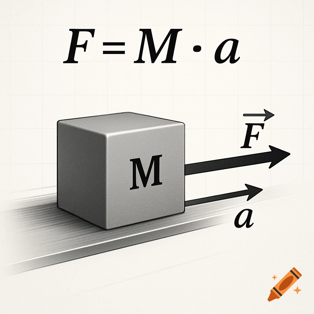 A physics diagram illustrating Newton's second law, showing a grey cube labeled M, a force vector F, an acceleration vector a, and the equation F=M a.