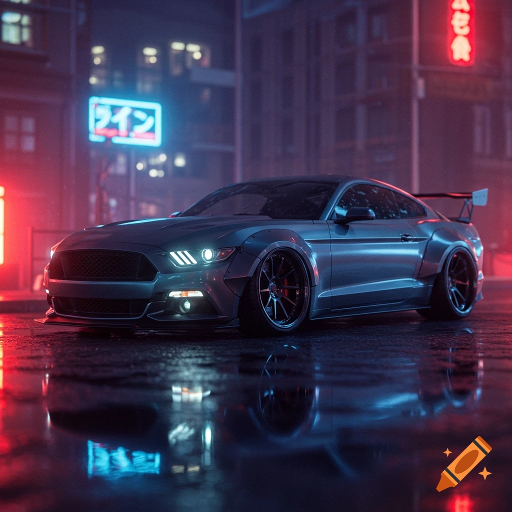 A photorealistic image of a modified metallic grey Ford Mustang S550 on a wet city street at night, illuminated by neon lights.