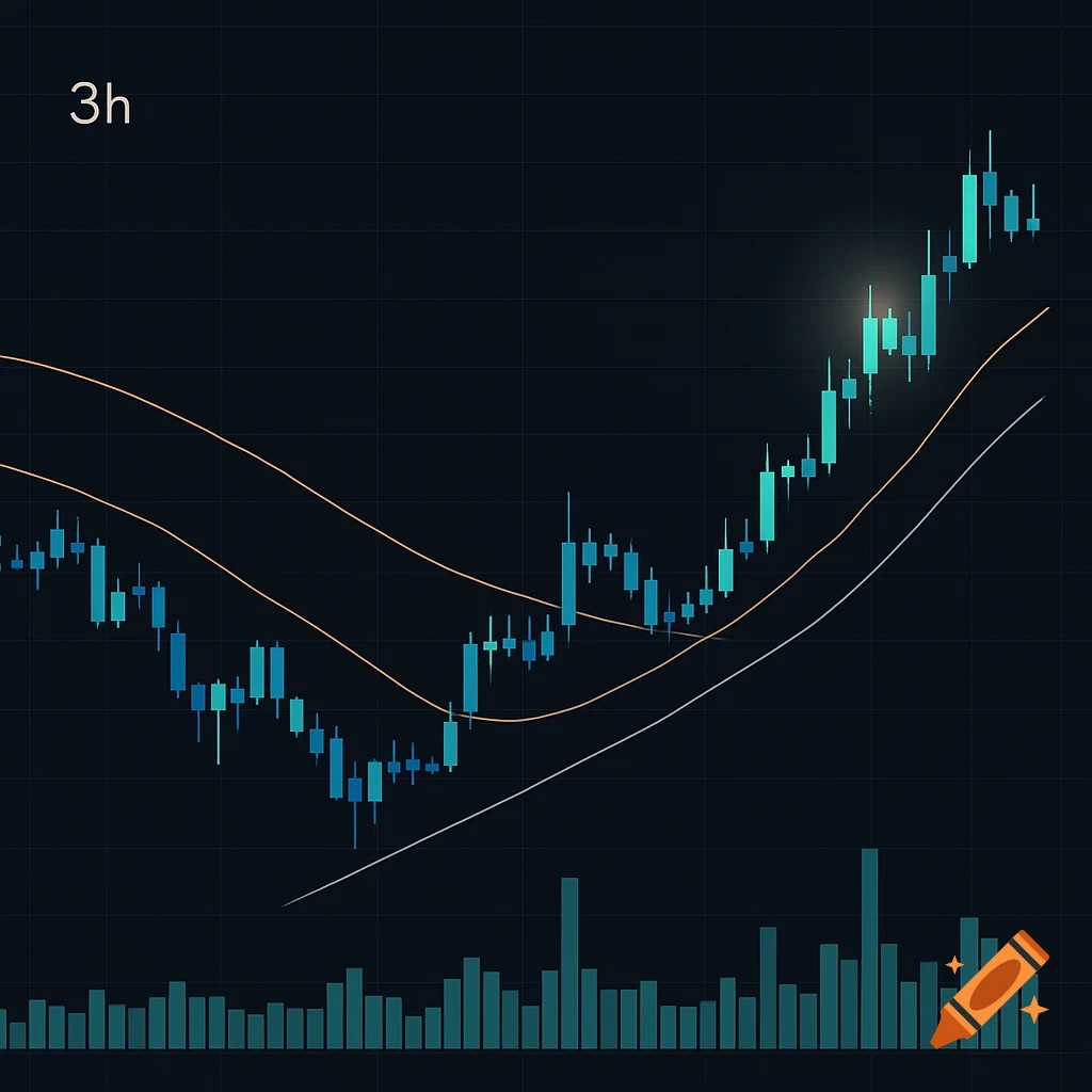 A digital candlestick trading chart showing price movements and volume, with blue and teal bars and two curved indicator lines, labeled '3h'.