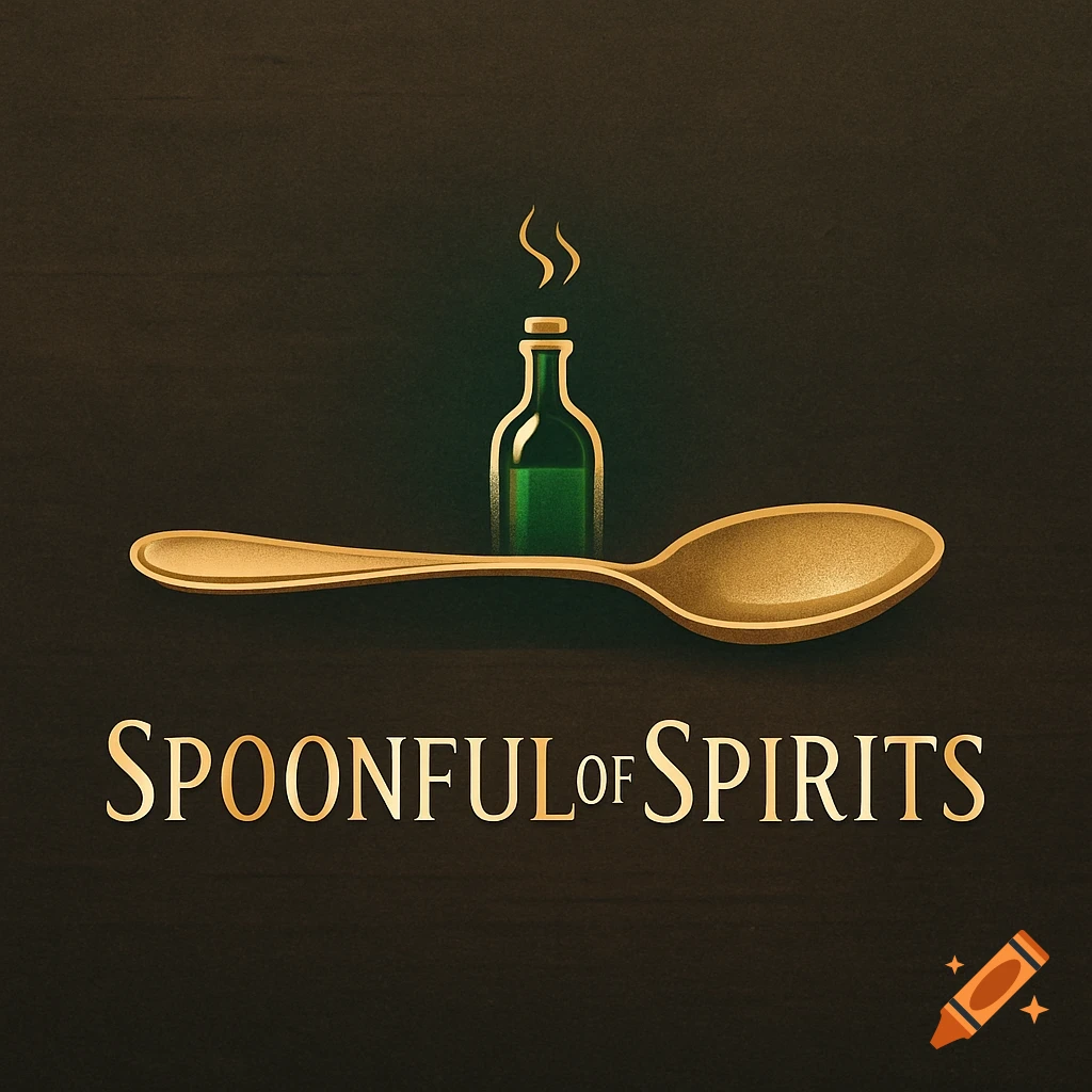 A logo featuring a golden spoon and a green bottle with steam, above the text 'Spoonful of Spirits' on a dark background.