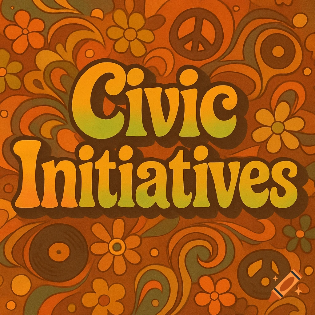 Retro 1970s-style graphic with 'Civic Initiatives' in gradient text, surrounded by floral, peace sign, and swirl patterns in warm, earthy colors.