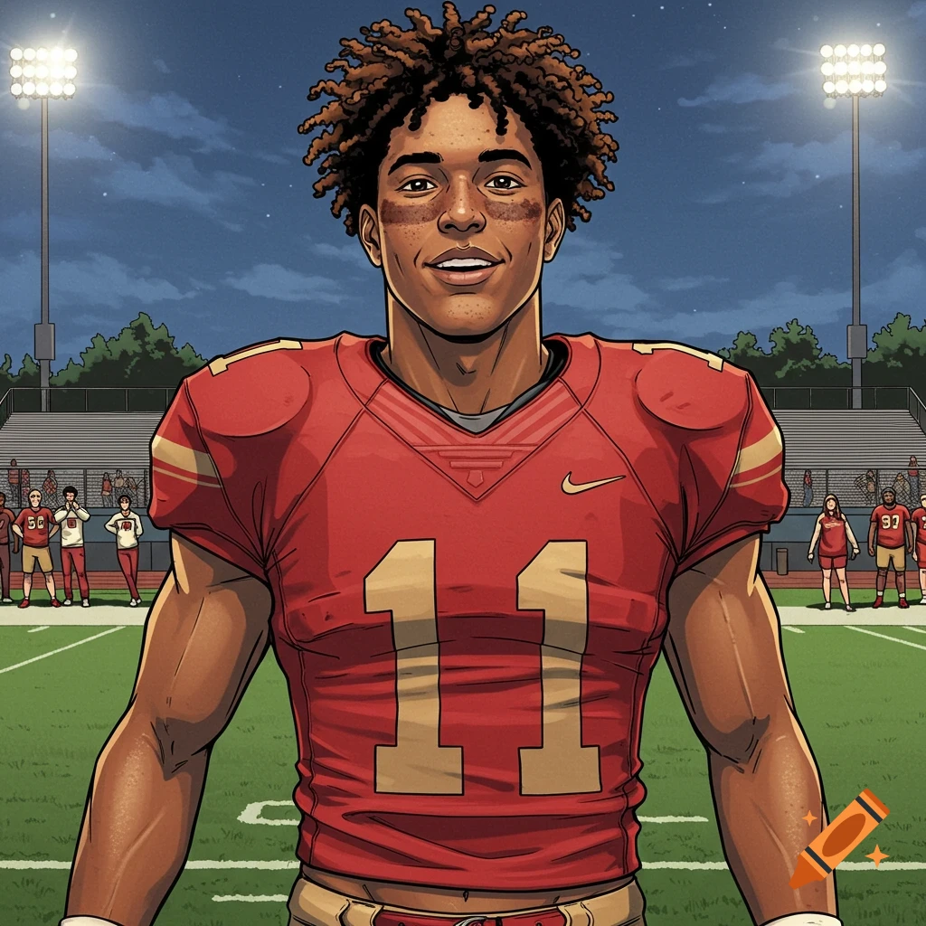A smiling biracial high school football player in a red jersey with number 11 stands on a field under stadium lights in comic book style.