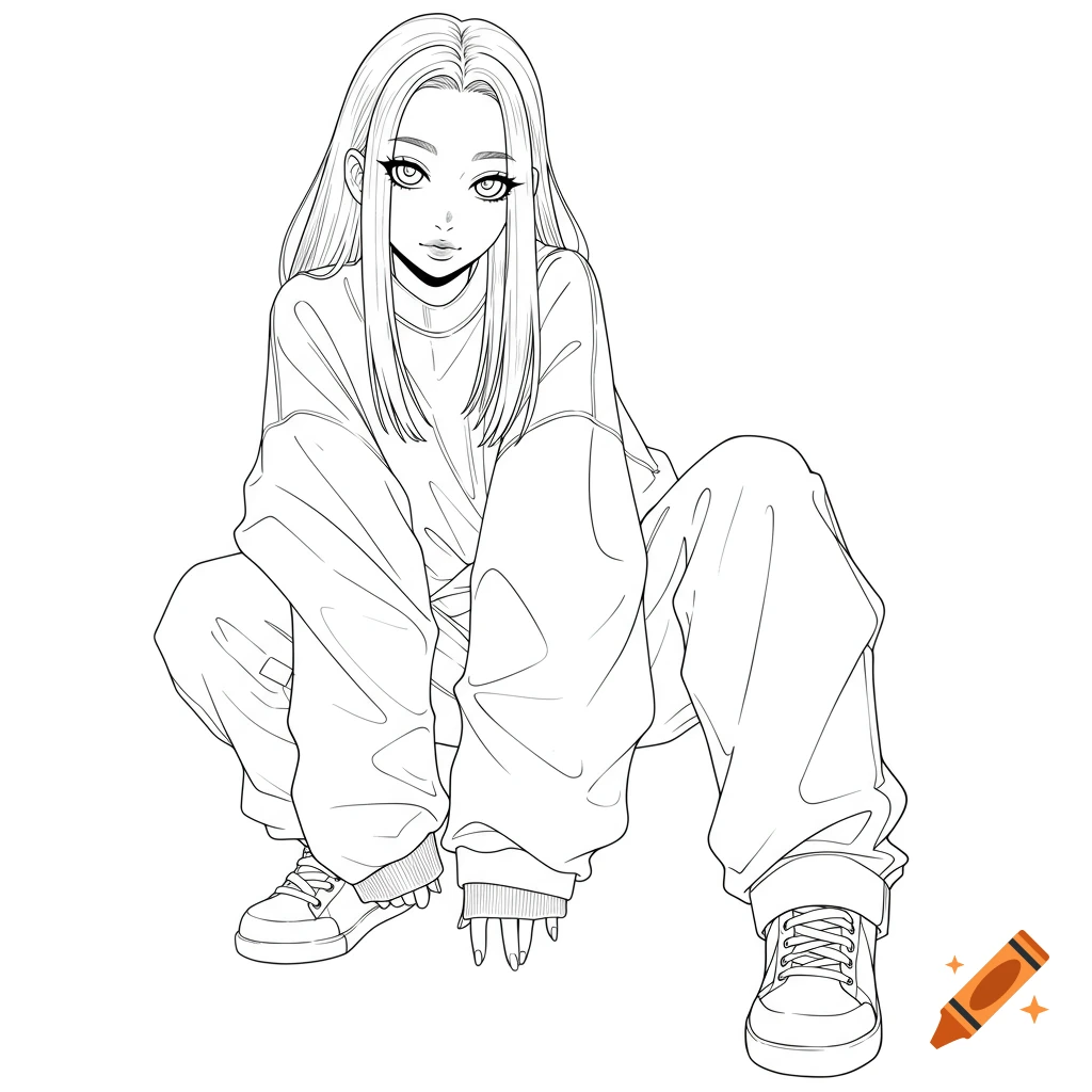 Black and white line art of an anime girl with long hair, wearing baggy clothes, squatting and looking forward.