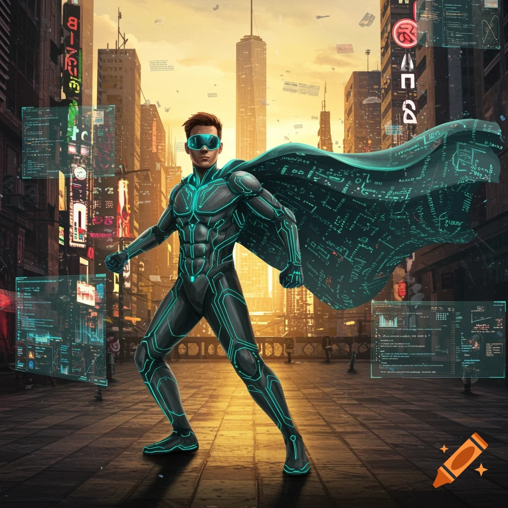 A software developer superhero in a black suit with glowing blue lines and a digital cape stands in a futuristic city with holographic screens.