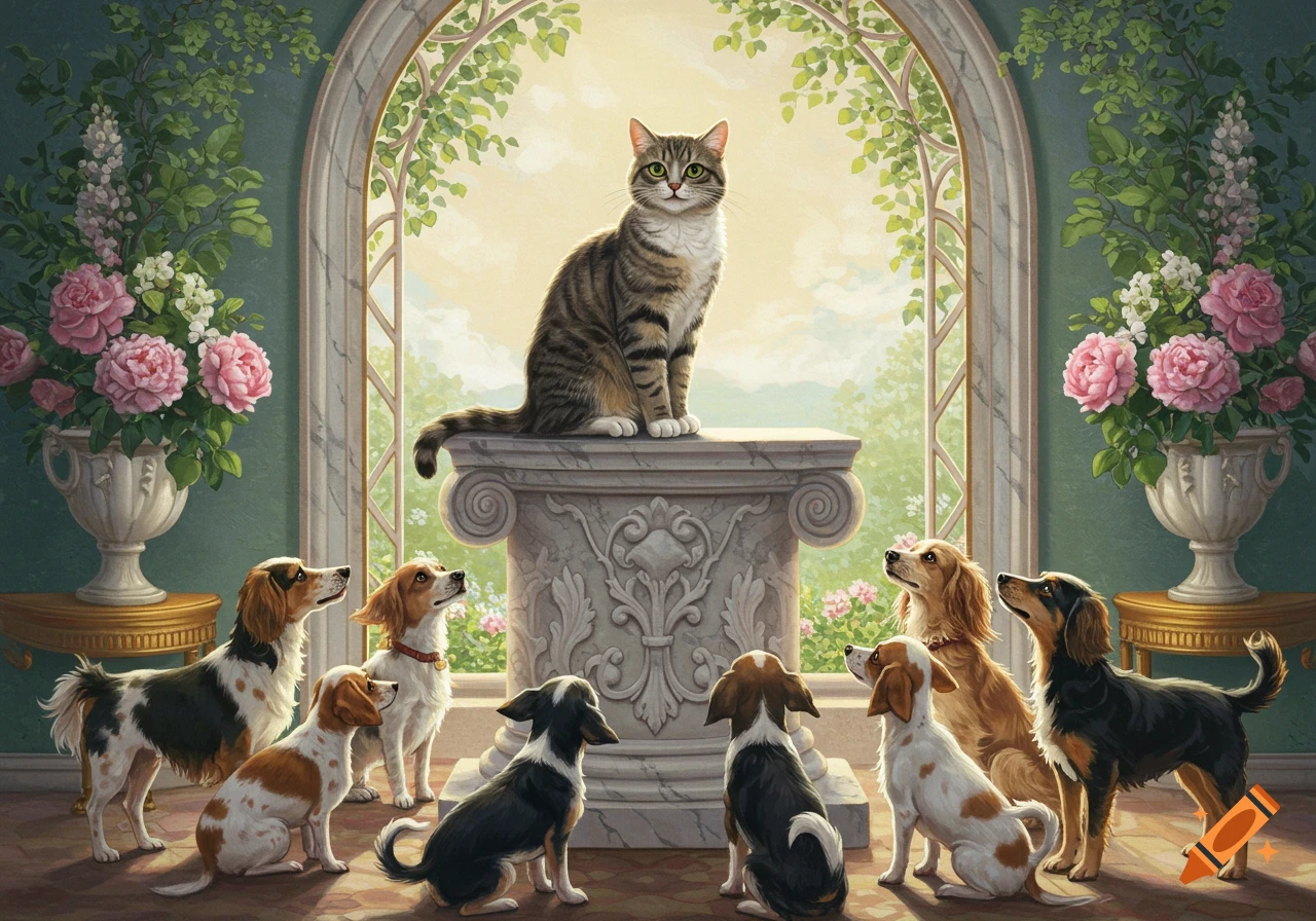 A tabby cat sits on a classical pedestal surrounded by several dogs looking up at it in a grand, ornate room.