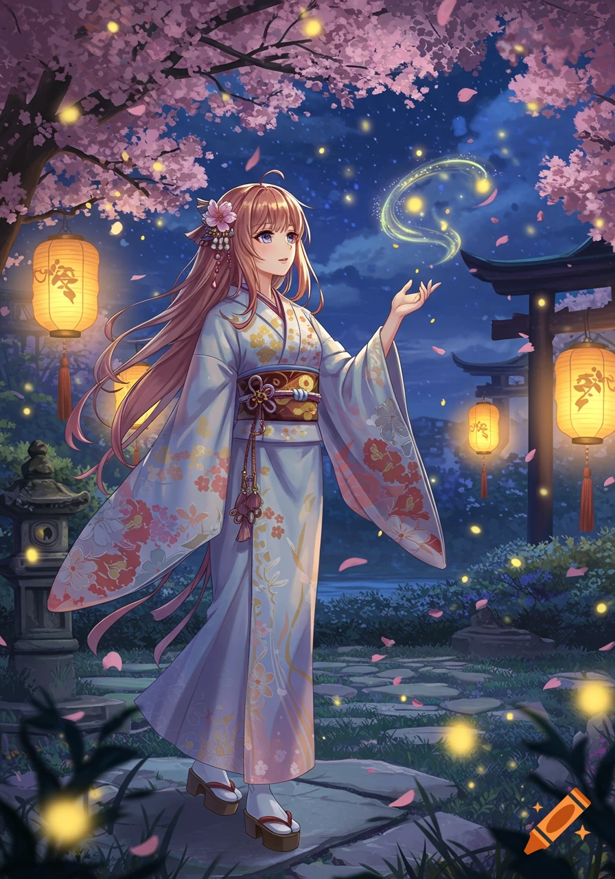 An anime girl in a white kimono stands under pink cherry blossoms at night, holding a glowing magical wisp, with lanterns and a torii gate.