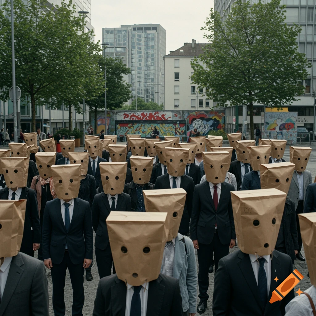 A crowd of people in suits wearing brown paper bags over their heads stands in an urban square with buildings and graffiti in the background.