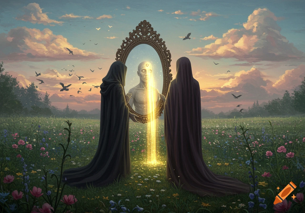 Two cloaked figures stand in a field of wildflowers, gazing into an ornate mirror that reflects a glowing, ethereal figure. Birds fly in the colorful sunset sky.