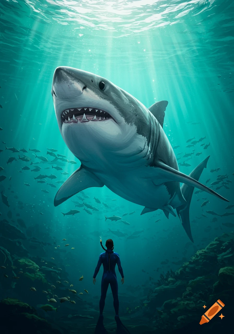 A person in a wetsuit looks up at a massive great white shark swimming above them in clear blue ocean water with sun rays.