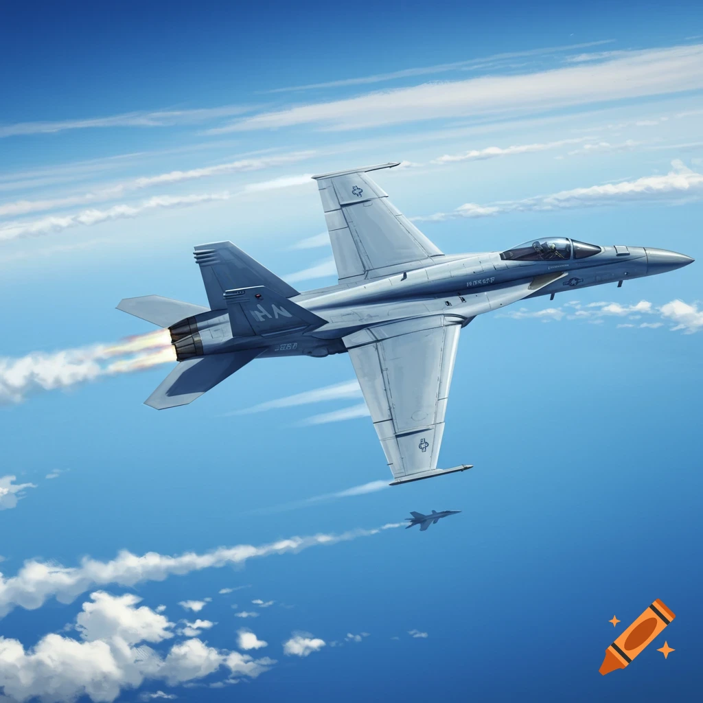 Digital illustration of a grey F-18 fighter jet flying through a blue sky with scattered clouds, with another F-18 flying in the distance below it.
