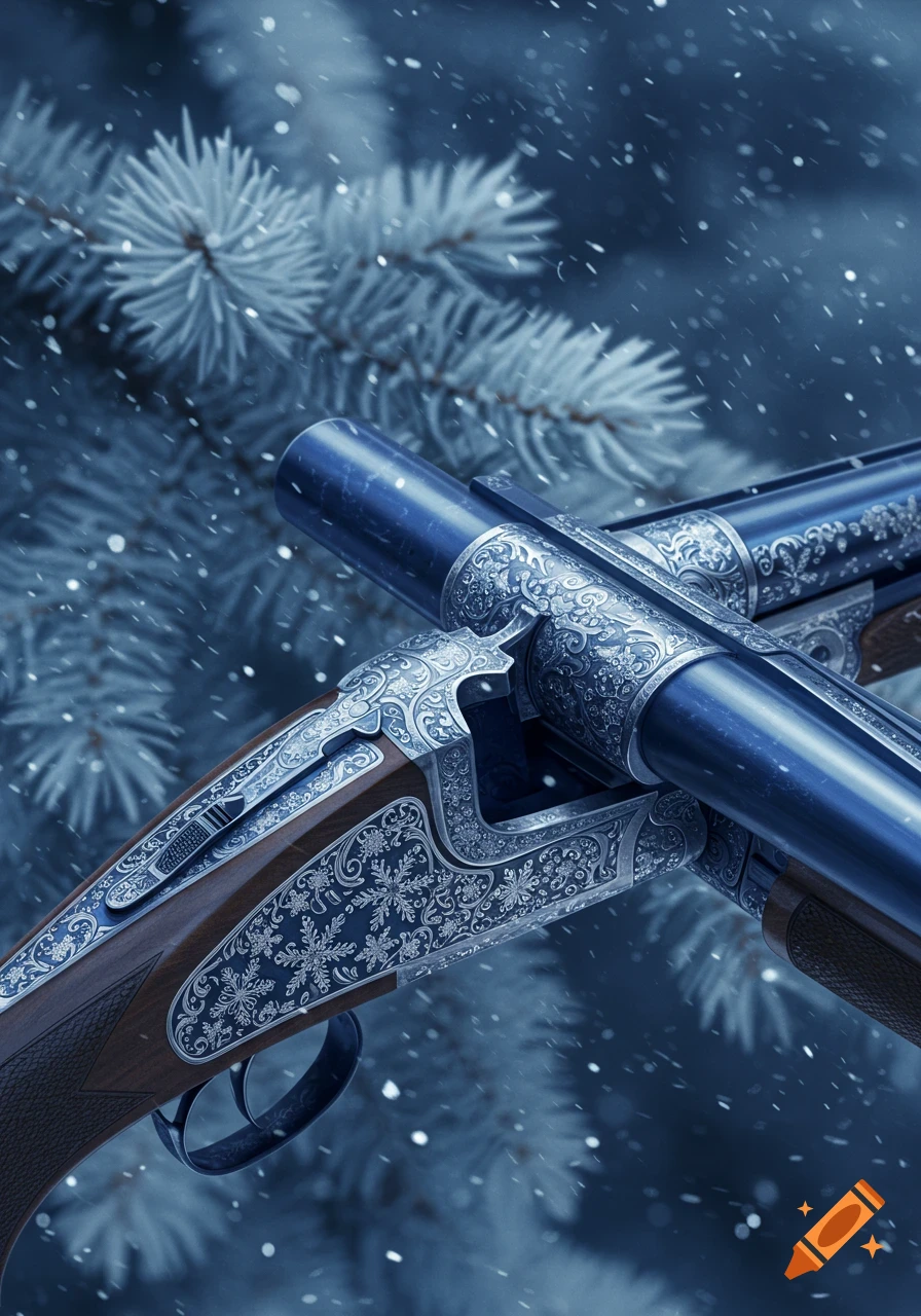An ornate blue double-barreled shotgun with snowflake filigree, set against a blurred snowy pine forest.