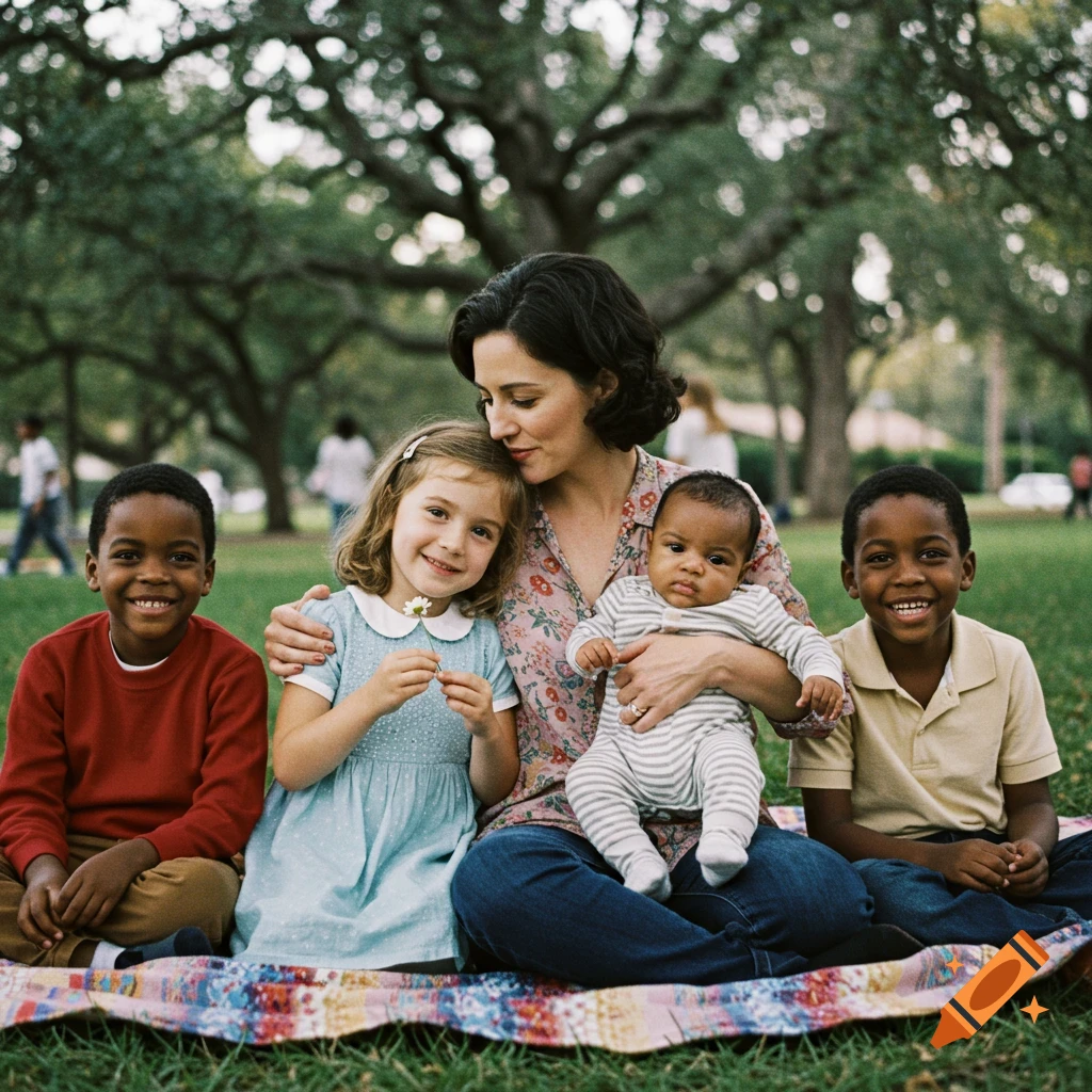 A diverse family portrait featuring a woman holding a baby, seated on a colorful blanket in a grassy park with three children smiling around her. Trees are in the blurred background.
