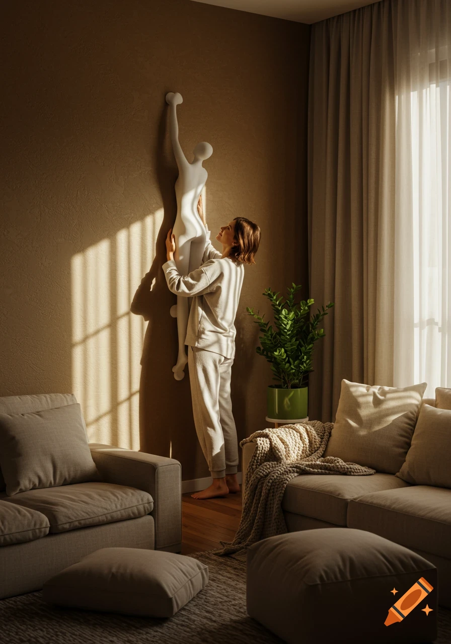 A woman in a cozy living room adjusts a white abstract human sculpture on a brown wall, with sunlight streaming in.