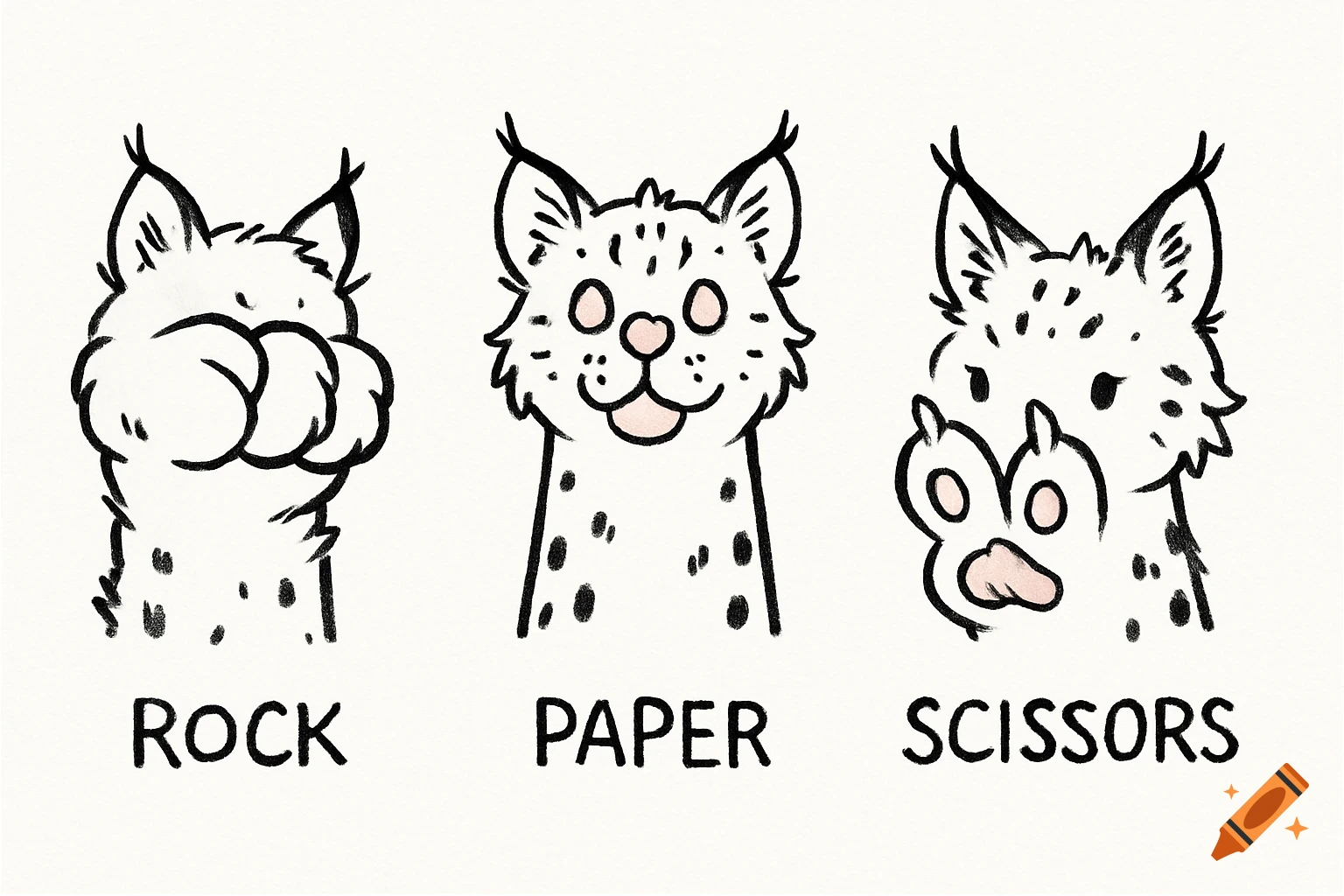 Three cartoon bobcat illustrations depicting Rock, Paper, Scissors, labeled "ROCK", "PAPER", "SCISSORS".