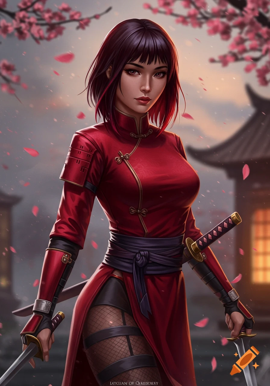 An elegant Asian woman with dark red hair in a red kunoichi suit, holding two swords amid falling cherry blossoms.