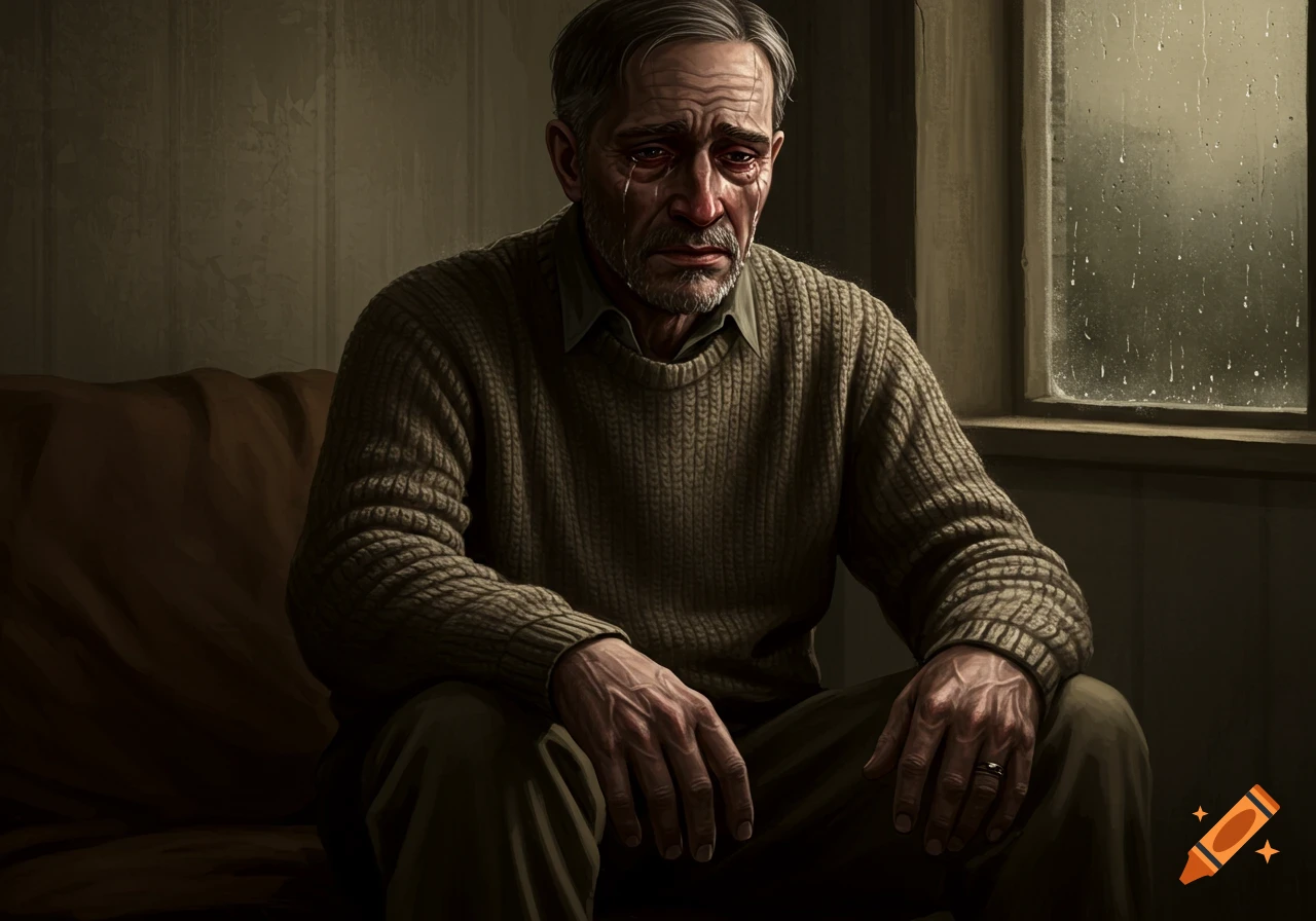 A photorealistic depiction of an older man with a beard crying in a dimly lit room with a rainy window.