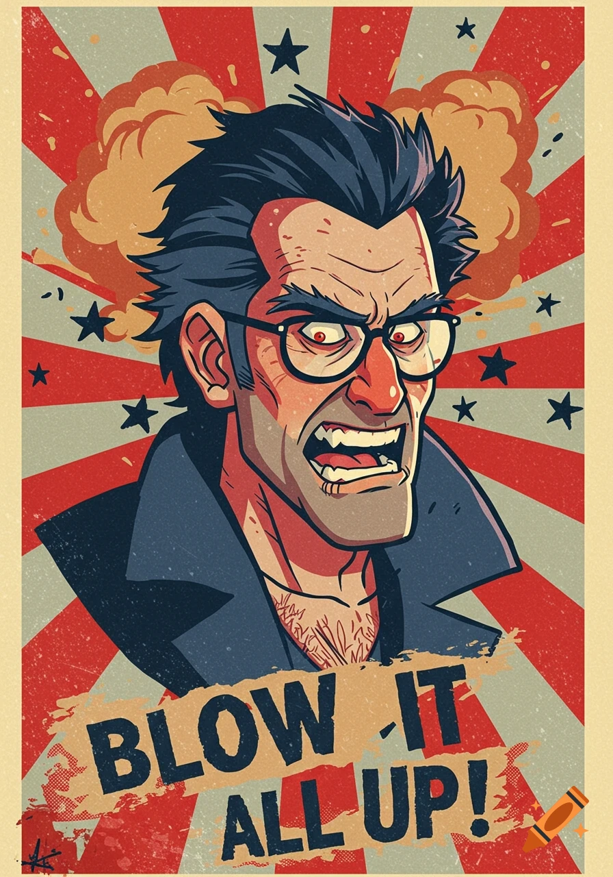 Cartoon political poster of an angry man with glasses and an explosion behind him, with text 'Blow it all up!'