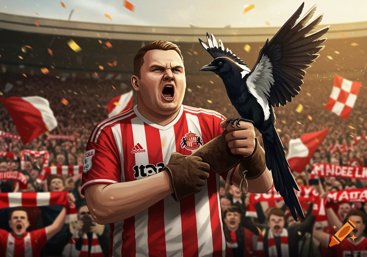 An angry Sunderland football fan in a stadium holds a magpie on his gloved arm, with a cheering crowd in the background.