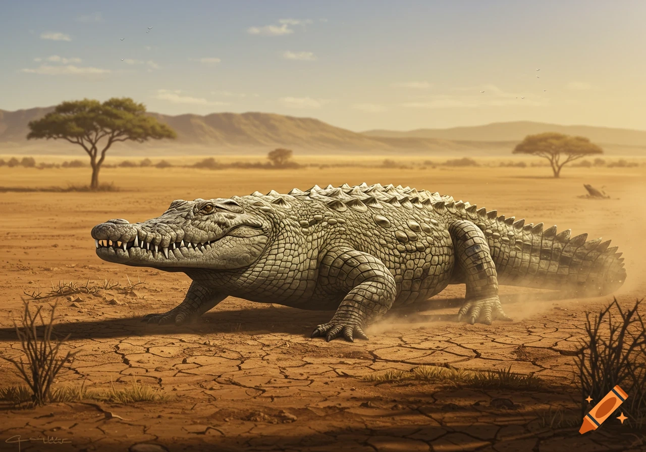 A large, detailed crocodile walks across a dry, cracked desert landscape, kicking up dust in a photorealistic style.