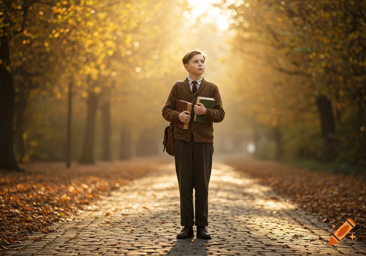 A boy in a brown cardigan stands on a cobblestone path lined with autumn trees, holding two books, looking upwards into the bright light.