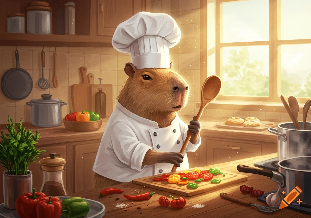 A cute capybara wearing a chef's hat and white coat, holding a wooden spoon while chopping vegetables in a sunlit kitchen.