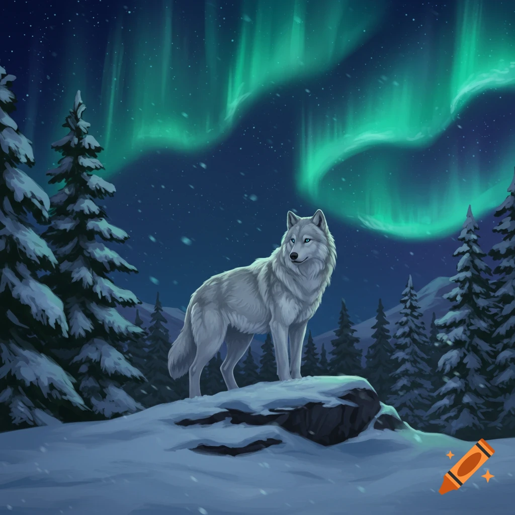 A majestic white wolf stands on a snow-covered rock in a winter forest, illuminated by the vibrant green aurora borealis in the night sky.
