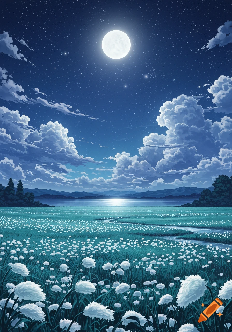 Anime landscape at night with a full moon, starry sky, fluffy clouds, a field of white flowers, a stream, lake, and distant forest.