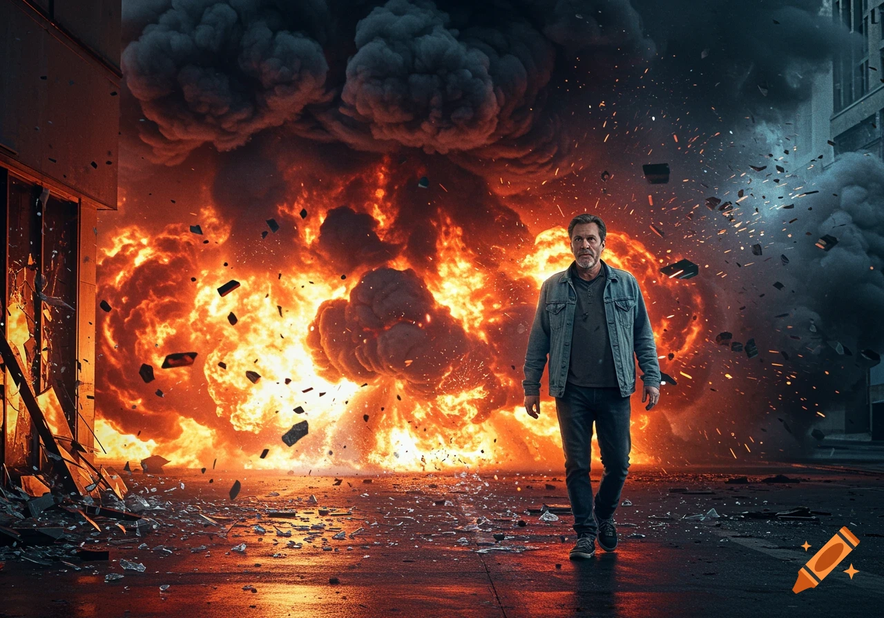 A middle-aged man walks calmly away from a large, fiery explosion on an urban street.