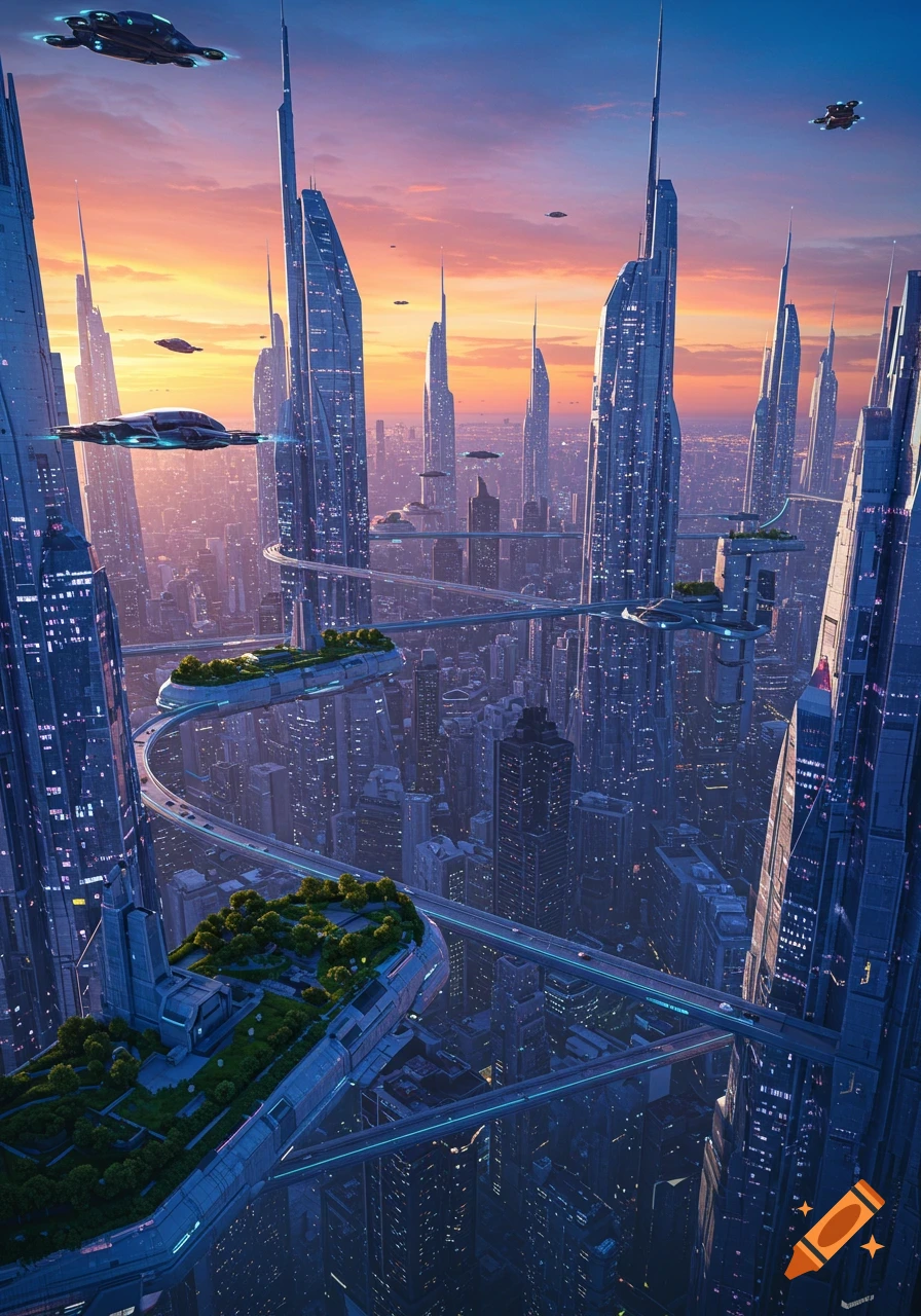 Aerial view of a futuristic cityscape with tall skyscrapers, elevated roads, and flying vehicles under a sunset sky.