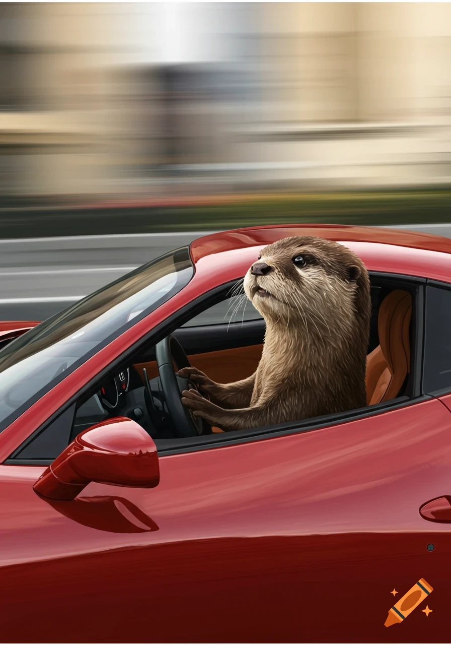 A cute otter drives a red sports car at speed, looking forward with paws on the steering wheel.