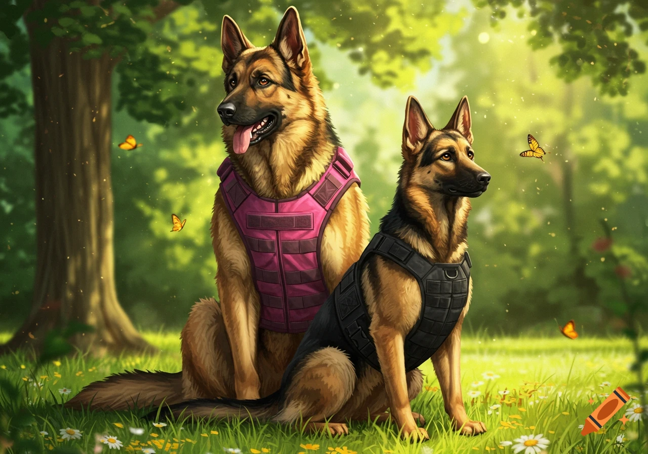 Two German Shepherds, one in a pink vest and one in a black vest, sit in a sun-dappled forest meadow with butterflies.