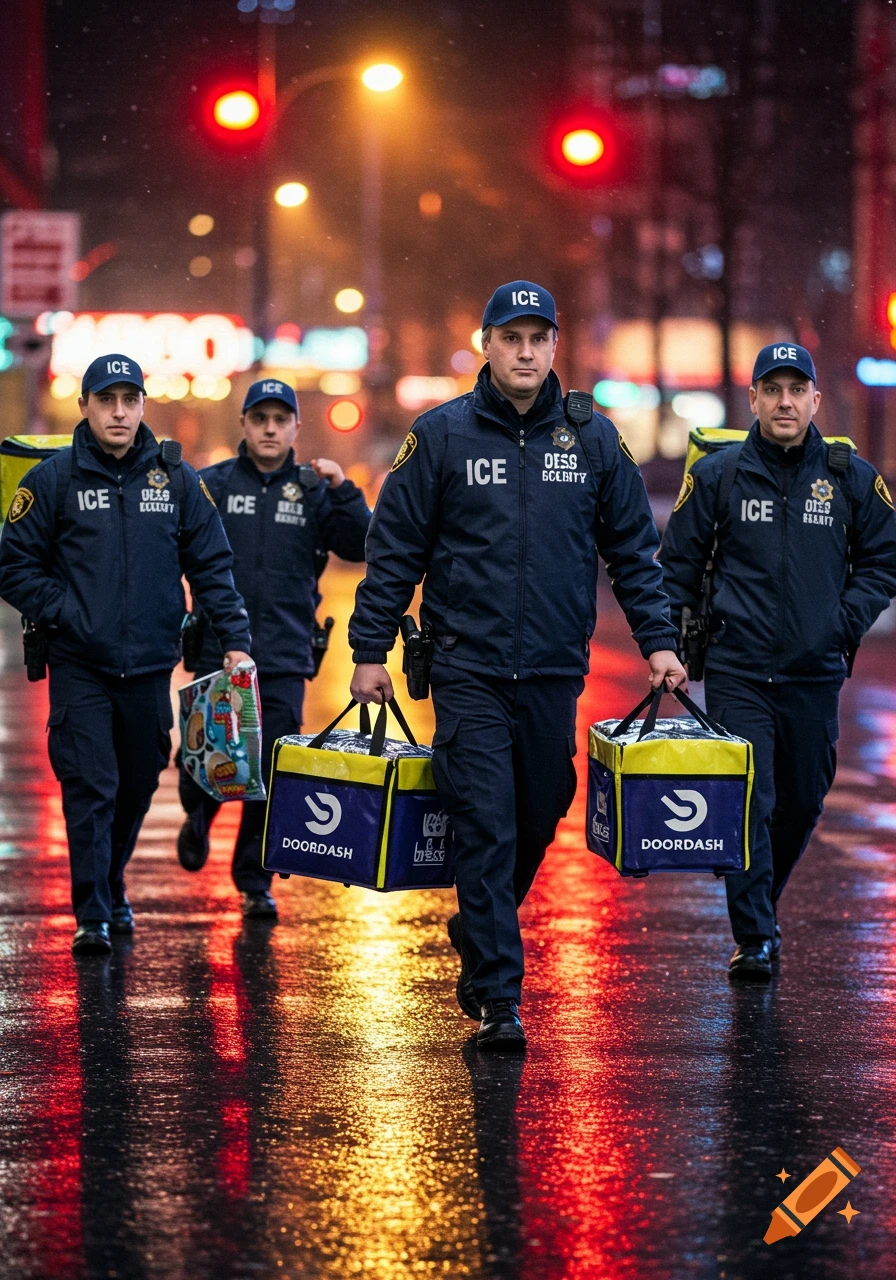 Four men in blue ICE uniforms walk down a wet, glowing city street at night, two carrying DoorDash delivery bags.
