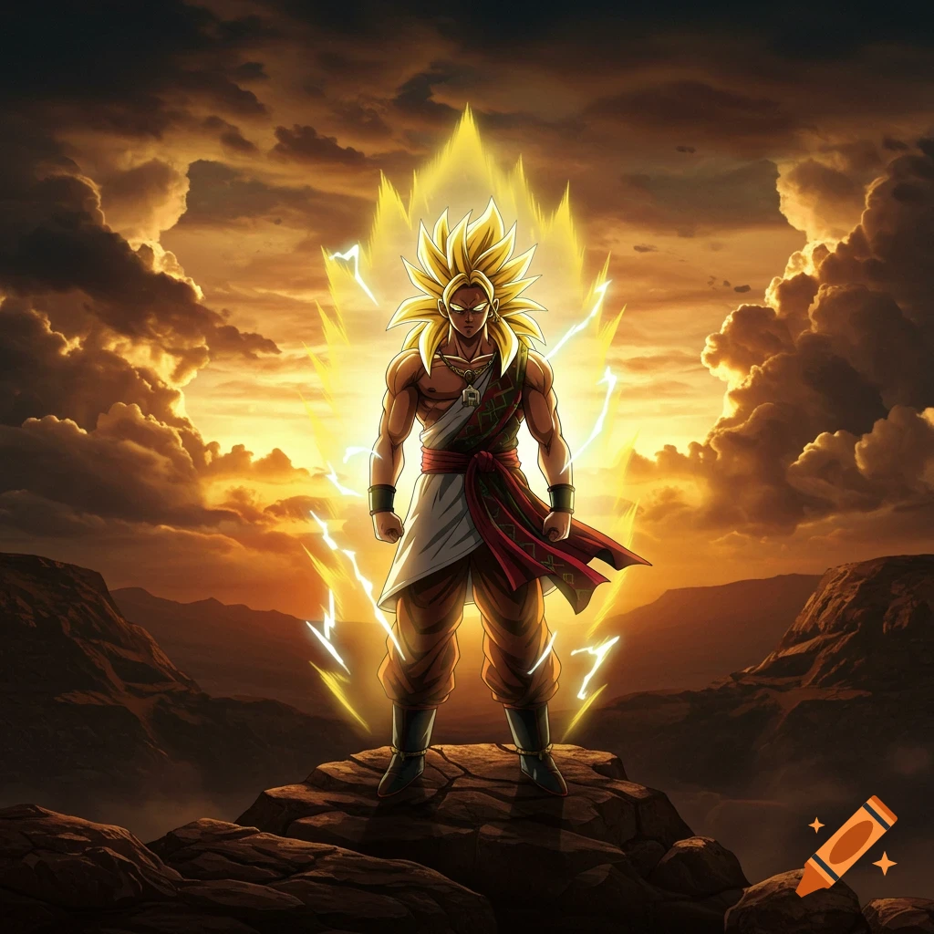 An anime-style Ethiopian Super Saiyan glowing with golden energy and lightning on a mountain at sunset.