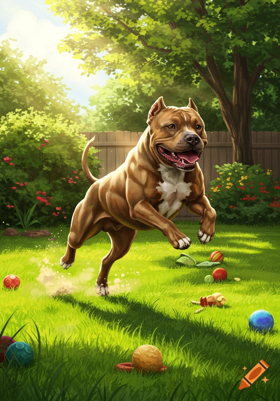 A brown pitbull jumps playfully in a sunny green backyard with colorful toys scattered on the grass.