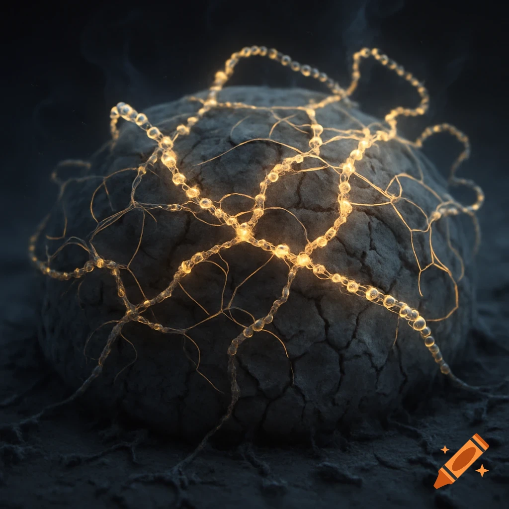 A close-up of a grey, textured sphere covered in an intricate network of glowing golden, bead-like strands, against a dark, smoky background.