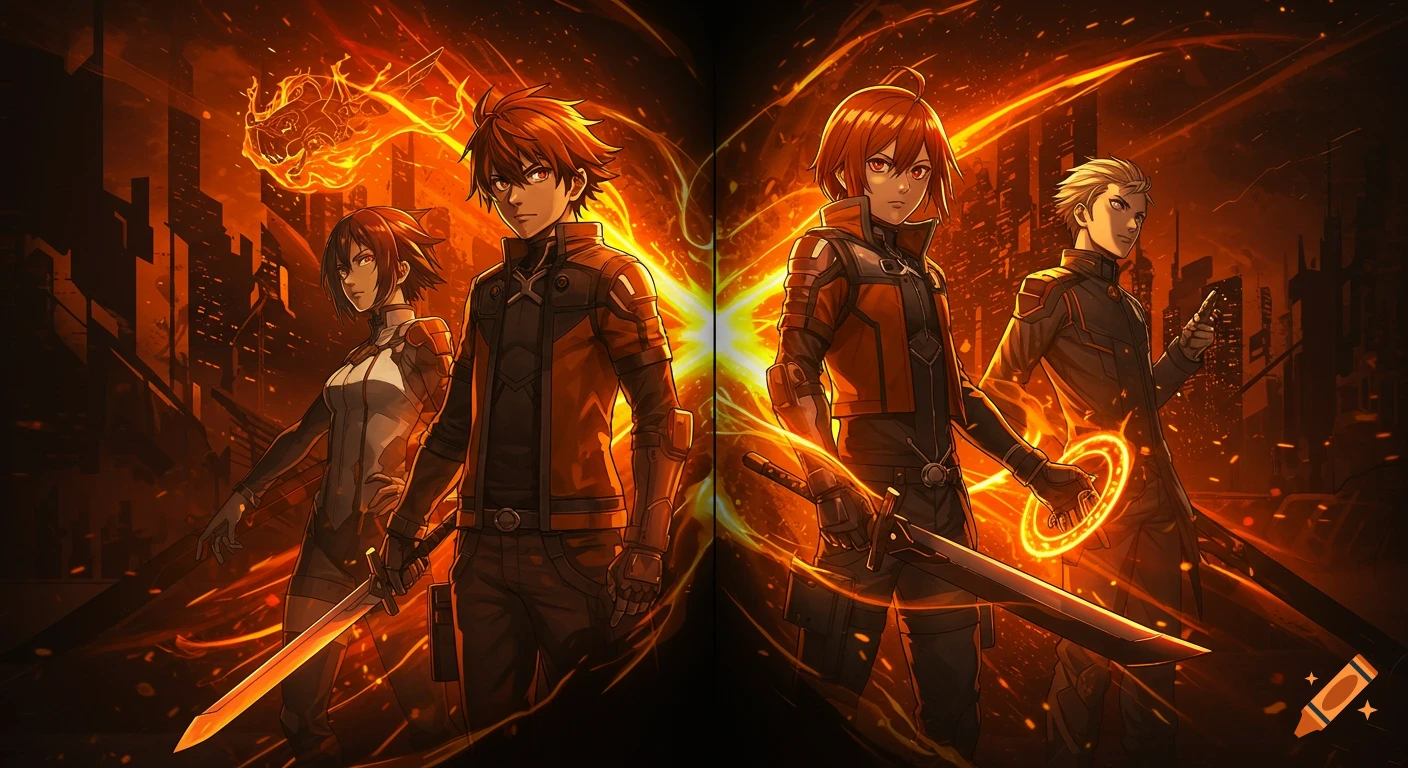 Four anime characters with swords and fiery energy, split down the middle in an orange and black setting.