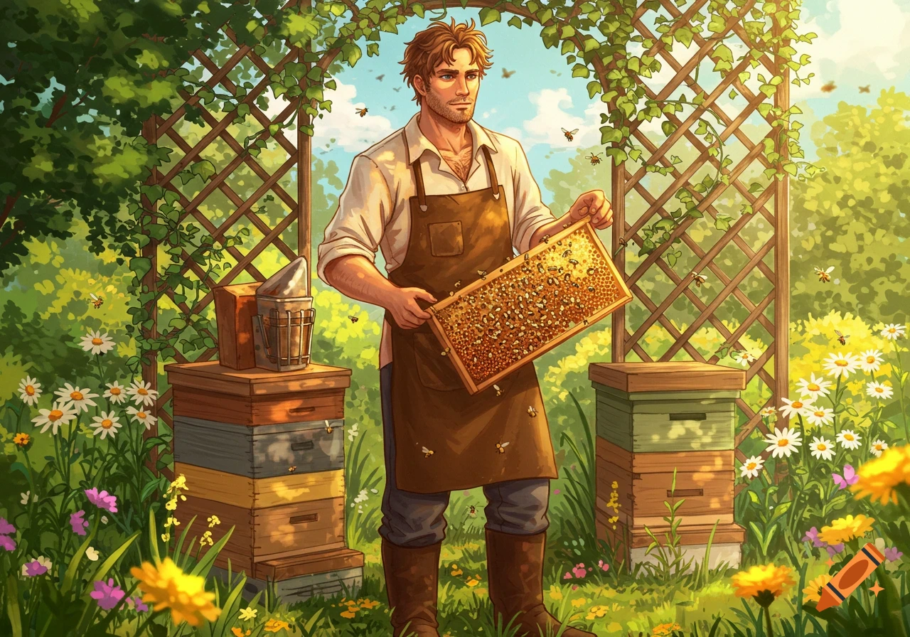 An illustrated rugged man holds a honeycomb frame full of bees in a sunny garden with beehives and flowers.