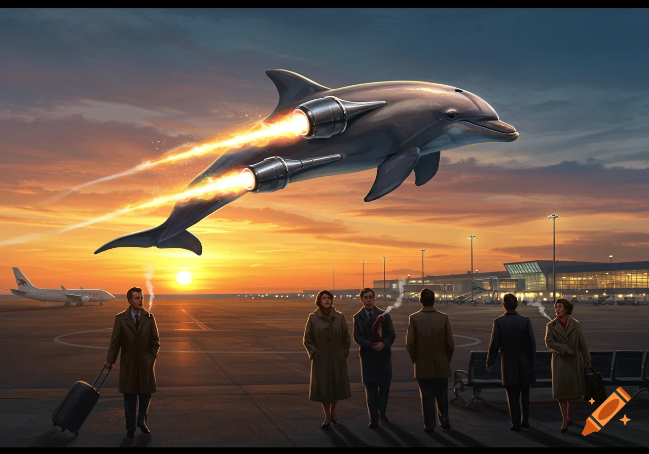 A jet-powered dolphin flies over an airport tarmac at sunset as several people below watch and smoke cigarettes.