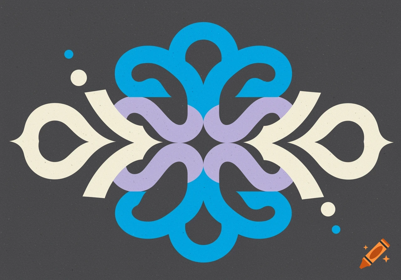 A symmetrical abstract pattern featuring intertwined shapes in blue, lavender, and cream on a dark gray textured background.