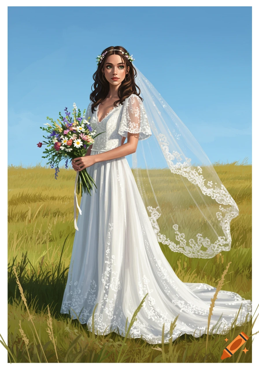 A woman in a white wedding dress and veil holding a wildflower bouquet in a grassy field under a clear blue sky.