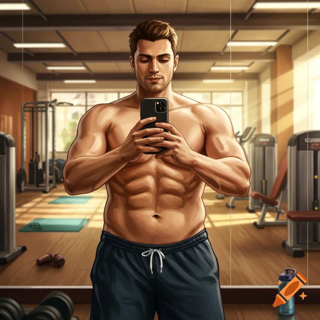 An illustration of a man with an athletic build taking a shirtless mirror selfie in a gym.