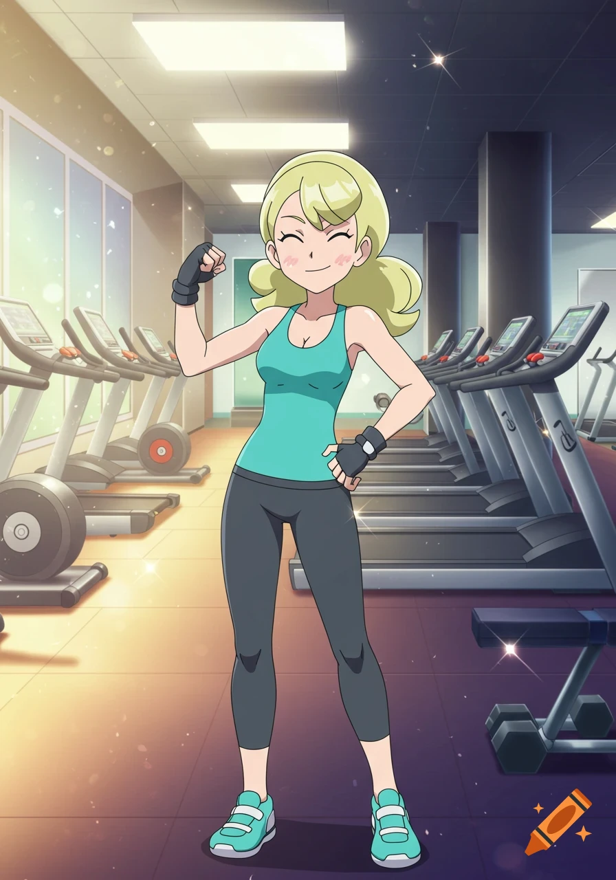An anime woman with blonde hair flexes her arm in a gym filled with treadmills.