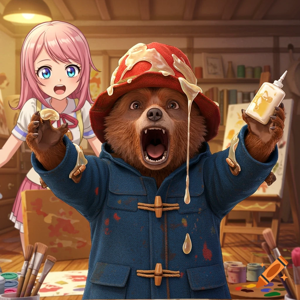 Paddington Bear screams, covered in glue, holding a bottle, with a surprised anime girl in an art studio background.