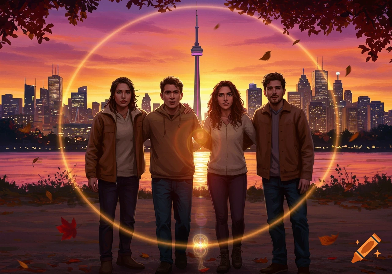 Four people stand in a glowing orange circle before the Toronto skyline at sunset, with autumn leaves falling.